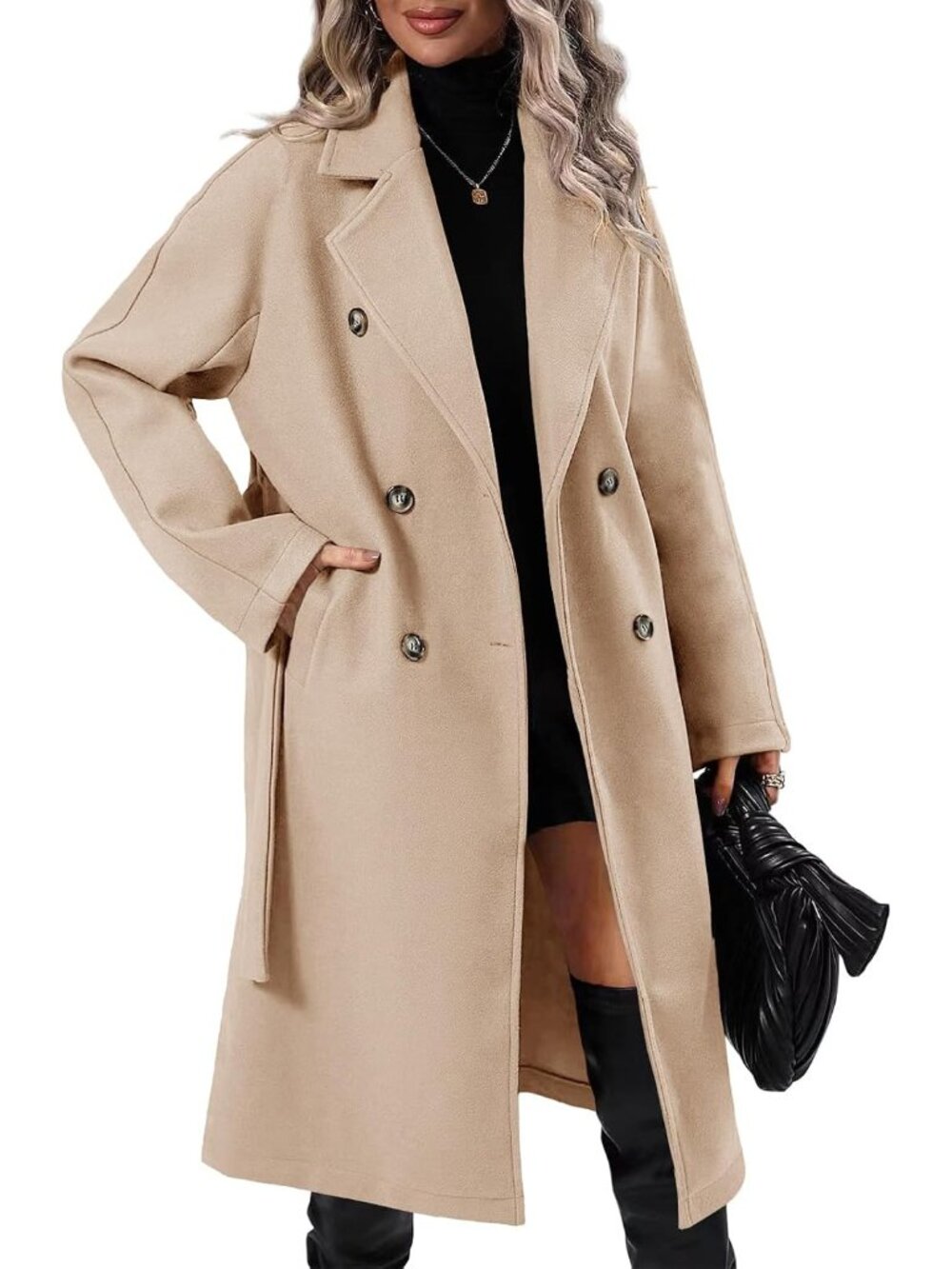 Women Off-white Lapel Collar Long Sleeve Long Double Breasted Pocket Trench Coat